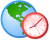 Graphic of a globe with a red analog clock