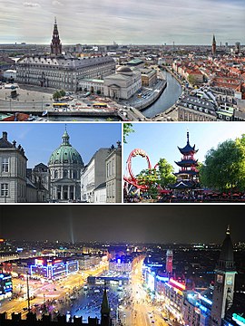 From upper left: Christiansborg Palace, Marble Church, Tivoli Gardens and City Hall Square