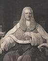 An engraving of a man wearing a wig, baggy clothes, and a ring on each pinky sitting in an armchair with his right arm resting on the right armrest while looking to the right