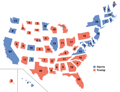 A discontinuous cartogram of state results, scaled by their Electoral College contribution.