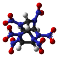 Ball-and-stick model of hexanitrohexaazaisowurtzitane (HNIW)