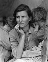 Dorothea Lange, Migrant Mother, 1936. Depictions of pea pickers in California, centering on Florence Owens Thompson, age 32, a mother of seven children, in Nipomo, California, March 1936.