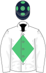 White, emerald green diamond, dark blue cap, green spots