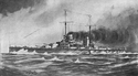 A pencil sketch of a dark-gray warship with two masts, two funnels, and four visible gun turrets at sea