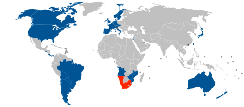 Locations of South African diplomatic missions in 1974