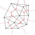 Connecting the centers of the circumcircles produces the Voronoi diagram (in red).