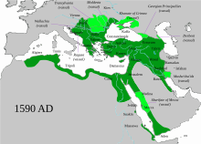 The Ottoman Empire in 1590, stretching almost to Vienna and Kiev in the North, to the Caspian Sea and Persian Gulf in the East, South to Aden in Arabia, and across the North coast of Africa to Algiers