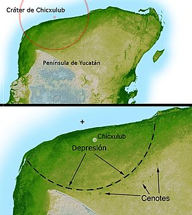 La topografía de radar revela que el anillo exterior del cráter tiene 180 km de diámetro; la acumulación de dolinas alrededor del cráter sugiere la presencia de una antigua cuenca oceánica ocupando la depresión formada por el impacto