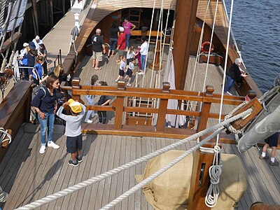 The quarterdeck seen from the poop deck. Beyond it is the midships area, and beyond that the forecastle. The men were thus obviously under observation from the quarterdeck at all times. The officers, however, had their own problems of planning the course and the configuration of the sails to achieve it.