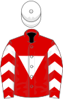 Red, white inverted triangle, chevrons on sleeves, white cap