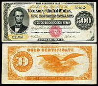 $500 Gold Certificate, Series 1882, Fr.1216a, depicting Abraham Lincoln