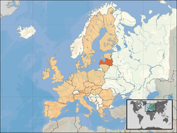 Location of Latvia (orange) – in Europe (tan & white) – in the European Union (tan)  [Legend]