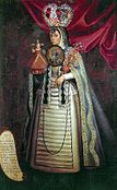 Monja profesionista de la Orden de la Inmaculada Concepción en México. Un atuendo similar era utilizado por las monjas profesionistas de Santiago de los Caballeros de Guatemala en los siglos xvii y xviii.