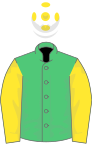 Emerald green, yellow sleeves, white cap, yellow spots