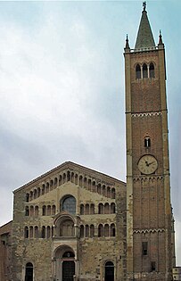 Parma Cathedral, Italy, 1178, has a screen facade ornamented with galleries. At the centre is an open porch surmounted by a ceremonial balcony. The tower, (Gothic 1284) is a separate structure as usual in Italy.