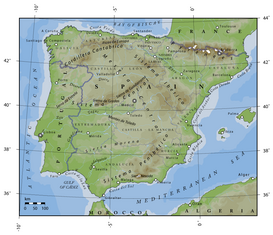 Localización en un mapa de relieve de la península ibérica