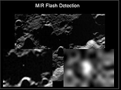 Image taken of the Centaur upper stage impact in the Cabeus crater near the south pole of the Moon. The images were taken by the LCROSS Shepherding Spacecraft.