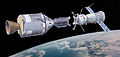 Image 67An artist impression of an American Apollo spacecraft and Soviet Soyuz spacecraft docking, a propaganda portrait for the Apollo–Soyuz Test Project mission (from 1970s)