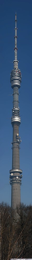 540 m high Ostankino Tower in Moscow, the world's tallest free-standing structure in 1967-76. A unique design by Nikolai Nikitin based on the combination of prestressed concrete with wire ropes structure.