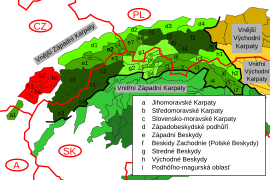 Cárpatos de Moravia (marcados en rojo) dentro de los Cárpatos occidentales exteriores