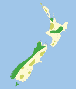 alt=Distribución histórica del kakapo:      Máxima distribución desde 1840      Evidencia fósil