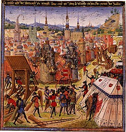 A depiction of the capture of Jerusalem in 1099 from a medieval manuscript. The burning buildings of Jerusalem are centered in the image. The various crusaders are surrounding and besieging the village armed for an attack.