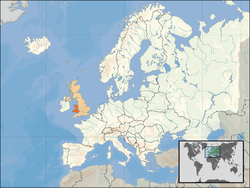 Location of Wales (orange) – in Europe (tan & white) – in the United Kingdom (tan)