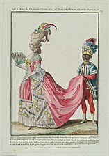 Pink had become a popular color throughout Europe by the late 18th century. It was associated with both romanticism and seduction. This fashion plate is from 1778–1787.