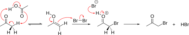 Reaction mechanism for the bromination of acetone while in the presence of acetic acid