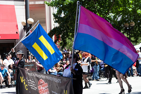 Human Rights Campaign equality flag, and Bisexual Pride flag, Seattle Pride