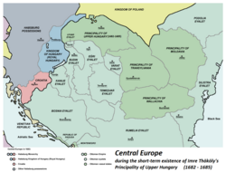 Ottoman rule on Hungary at its peak in 1683, including Budin, Egri, Kanije, Temesvar, Uyvar, and Varat eyalets. The semi-independent Principality of Transylvania was an Ottoman vassal state for the majority of the 16th and 17th centuries, the short lived Imre Thököly's Principality of Upper Hungary also briefly became an Ottoman vassal state due to an anti-Habsburg Protestant uprising between 1682 and 1685.