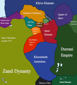 Zafaranlu principality (in yellow) in 1775AD