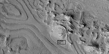 Close view of layers, as seen by HiRISE under HiWish program. Box shows the size of a football field.