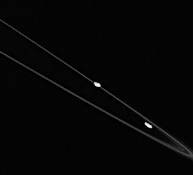 Prometheus (at center) and Pandora are the inner and outer F Ring shepherds.