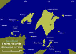 Map of the Shantar Islands. Belichy is the smaller, elongated island to the south of Bolshoy Shantar.