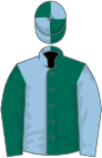 Dark green and light blue (halved), sleeves reversed, quartered cap