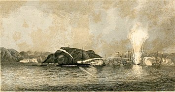 A Royal Navy steamship destroying a Chinese junk with a Congreve rocket. Lightly armored Chinese warships were decimated by heavy guns and explosive weaponry.