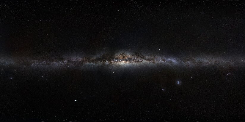 360-degree panorama view of the Milky Way (an assembled mosaic of photographs) by ESO, the galactic centre is in the middle of the view, with galactic north up