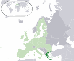 Location of Greece (green) – in Europe (light green & grey) – in the European Union (light green)  –  [Legend]