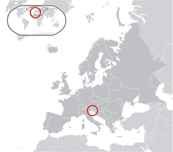 Location of Free Territory of Trieste (center of red circle) in Europe (dark grey)