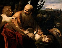 卡拉瓦喬的《獻祭以撒 (卡拉瓦喬)（英语：Sacrifice of Isaac (Caravaggio)）》，104 × 135 cm，約繪於1600年，1917年始藏[77]