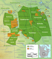 Image 3Map showing the general locations of the tribes and subtribes of the Sioux by the late 18th century; current reservations are shown in orange. (from History of South Dakota)