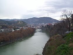 View towards the downtown Tbilisi with Mount Mtatsminda behind it