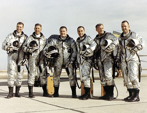 The X-15 flight crew, left to right: Air Force Captain Joseph H. Engle, Air Force Major Robert A. Rushworth, NASA pilot John B. "Jack" McKay, Air Force Major William J. "Pete" Knight, NASA pilot Milton O. Thompson, and NASA pilot William H. Dana.