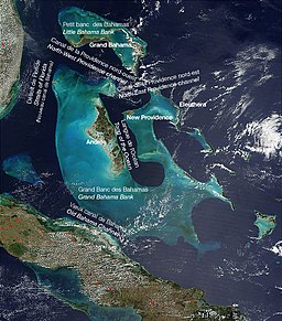 Aerial view of The Bahamas with Cuba to the South. Old Bahama Channel is labeled between Cuba and the Bahamian island of Andros.