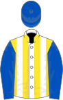 White and yellow stripes, royal blue sleeves and cap