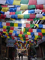 Prayer flags hung at streets of Thamel, Kathmandu