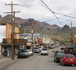 Oatman Highway/Old US 66. The Oatman Hotel is the adobe building center left.