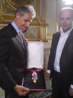 The recreated great Golden Fleece of King Louis XV of France, presented by H. Horovitz (left) and F. Farges (right) at the Hôtel de la Marine, formerly the royal Storehouse in Paris on June 30, 2010