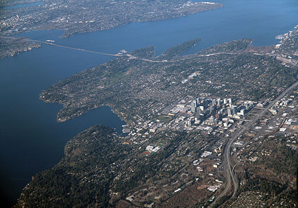 Bellevue, Washington aerial with Seattle seen across Lake Washington, 2013